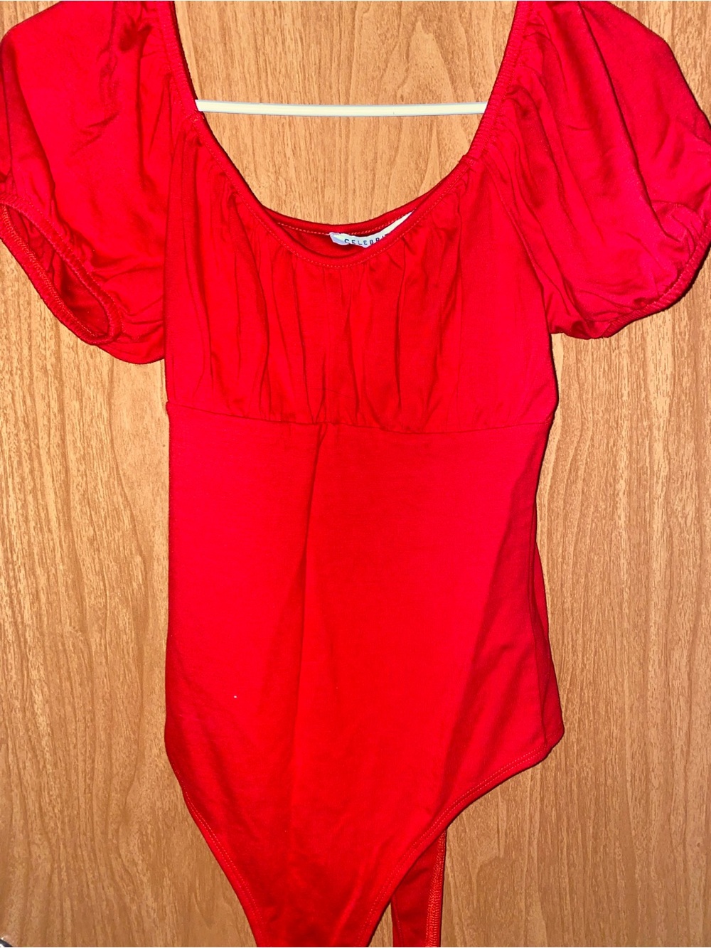 Celebrity Pink Red Puff Sleeve Scoop Neck Bodysuit